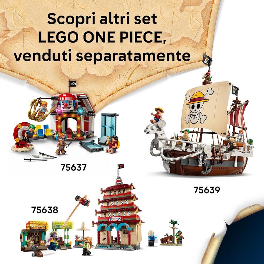 LEGO ONE PIECE La Capanna del Villaggio Foosha Giocattolo con Barca, Minifigure di Luffy, Shanks e Makino, Accessori e Poster Ricercato - Regalo per Bambini, Bambine e Fan degli Anime da 8 Anni 75636