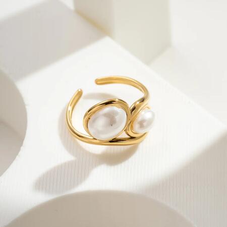 Anello Aperto Dorato Due Perle Bianche Acciaio Inossidabile