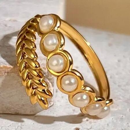 Anello Regolabile in Acciaio Inossidabile con Foglia e Perle