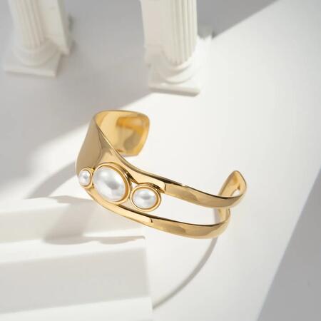 Bracciale rigido largo dorato pietra naturale Acciaio inossidabile