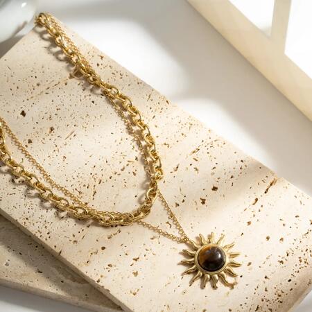 Collana Sole Occhio di Tigre Acciaio Inossidabile Dorato Splendore