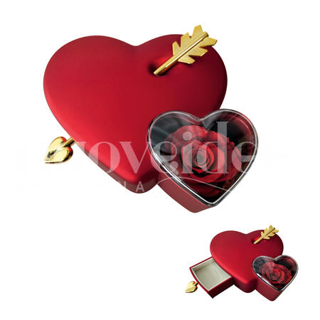 SCATOLA CUORE CON ROSA STABILIZZATA E CASSETTINO Ø 16 CM ROSSO
