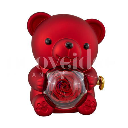 ORSO CON ROSA STABILIZZATA E COLLANA CUORE SCATOLA ROTANTE H 13 CM ROSSO