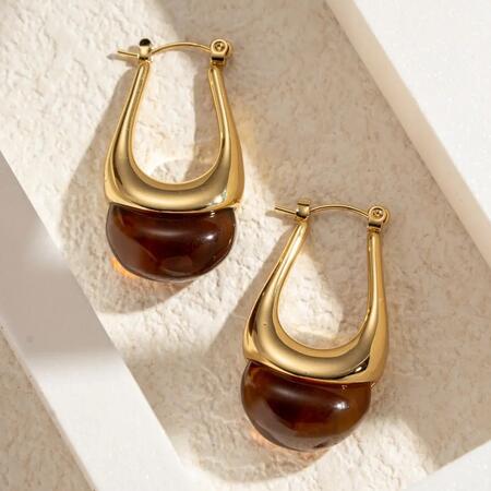 Orecchini dorati in resina a goccia eleganti moderni chic MARRONE