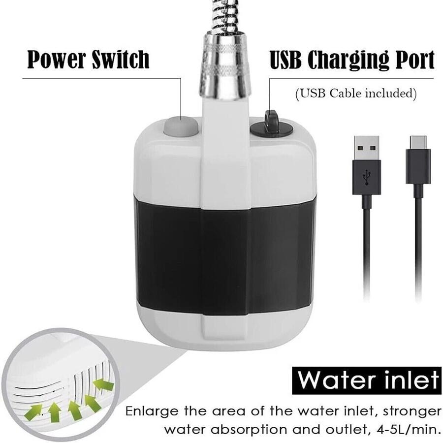 DOCCIA PORTATILE RICARICABILE USB DA CAMPEGGIO GIARDINO SOFFIONE TUBO FLESSIBILE