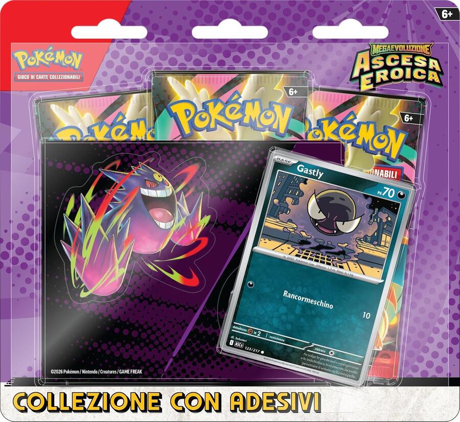 Pokémon: collezione con adesivi (Gastly) dell’espansione Scarlatto e Violetto - Ascesa Eroica del GCC Pokémon (una carta promozionale olografica e tre buste di espansione) - +6ANNI