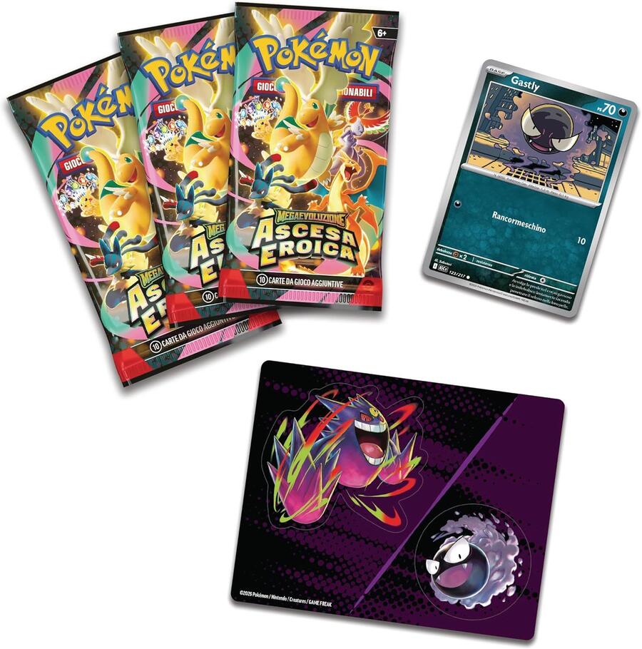 Pokémon: collezione con adesivi (Gastly) dell’espansione Scarlatto e Violetto - Ascesa Eroica del GCC Pokémon (una carta promozionale olografica e tre buste di espansione) - +6ANNI