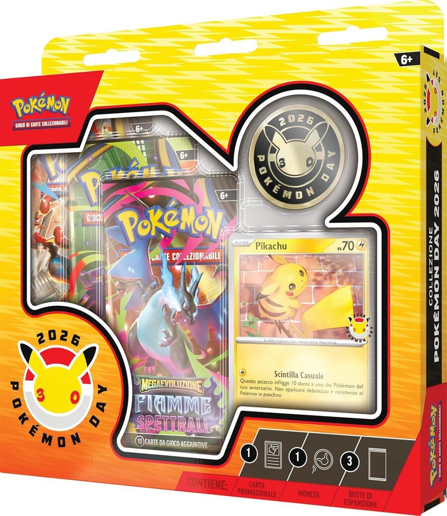Collezione Pokémon Day 2026 del GCC Pokémon (una carta promozionale olografica, una moneta e tre buste di espansione) - 6+