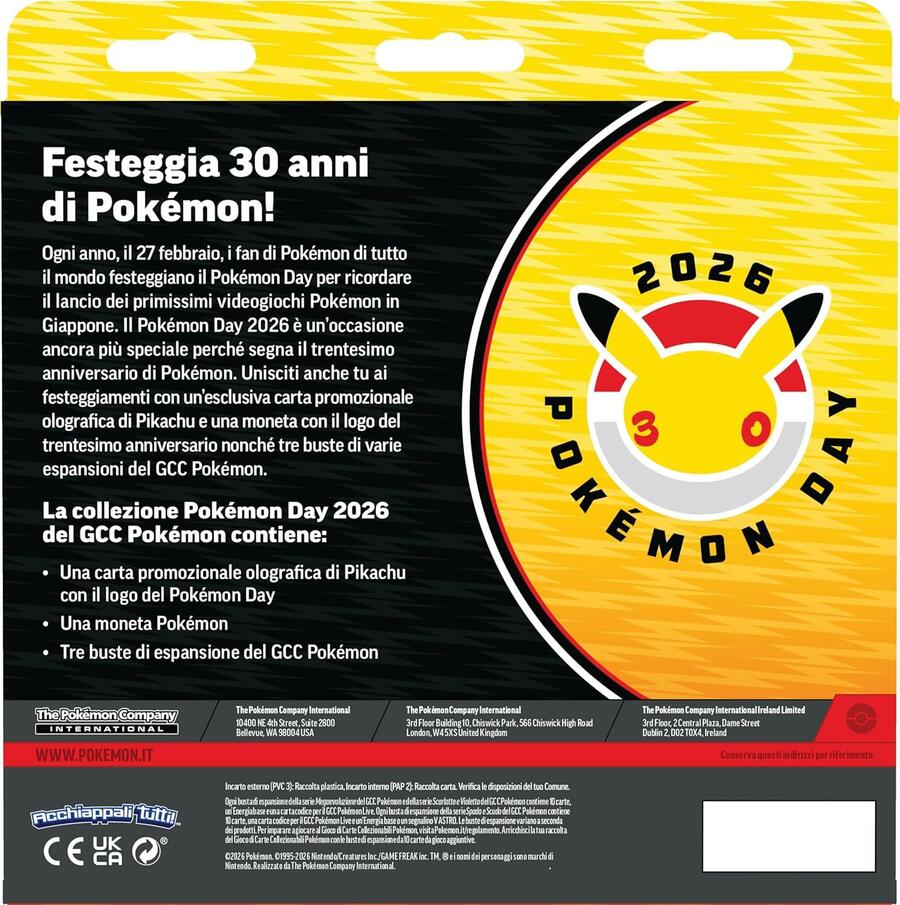 Collezione Pokémon Day 2026 del GCC Pokémon (una carta promozionale olografica, una moneta e tre buste di espansione) - 6+