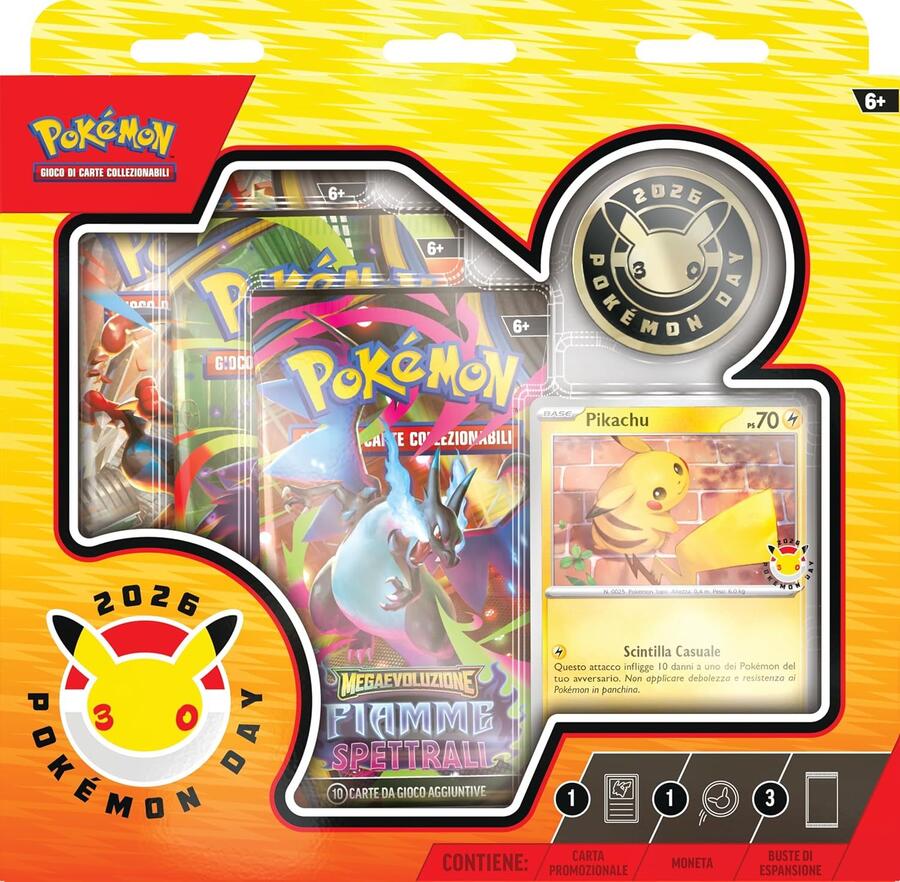 Collezione Pokémon Day 2026 del GCC Pokémon (una carta promozionale olografica, una moneta e tre buste di espansione) - 6+