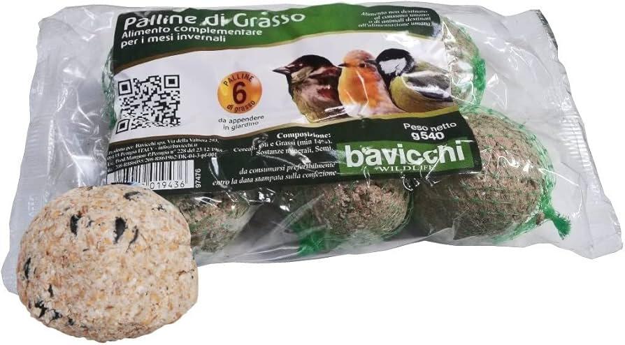 Bavicchi 6 Palle Di Grasso Mangime 90Gr No Olio Di Palma Per Uccelli Selvatici Uccellini 