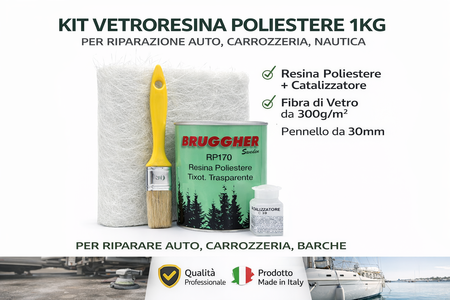 Kit vetroresina, Resina Poliestere Liquida + Fibra di Vetro + Pennello