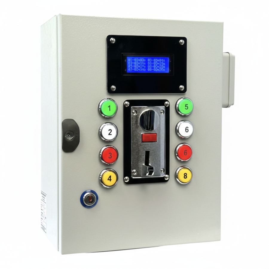 8 DUCHAS – Monedero multimoneda con función de PAUSA + electroválvulas 12Vcc