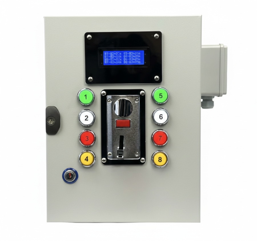 8 DUCHAS – Monedero multimoneda con función de PAUSA + electroválvulas 12Vcc