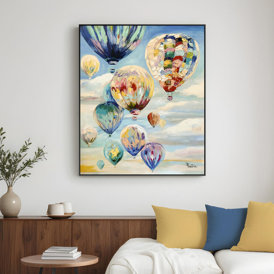 Fantin Argenti - Quadro Mongolfiere in Volo con Cornice in Legno – Tela Dipinta a Mano