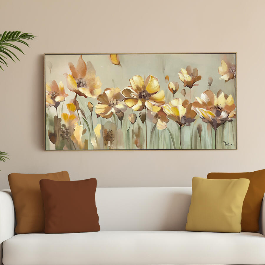 Fantin Argenti - Quadro Fioritura Dorata con Cornice in Legno – Tela Dipinta a Mano