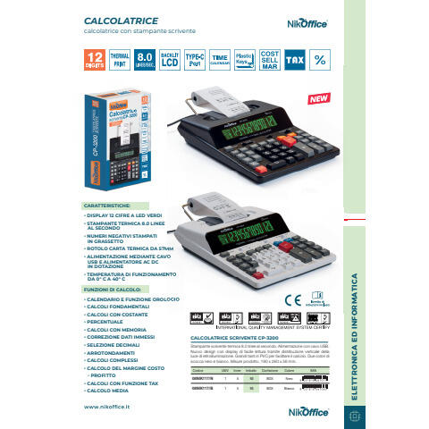 CALCOLATRICE SCRIVENTE TERMICA DA SCRIVANIA Nikoffice CP-3200 – display 12 cifre