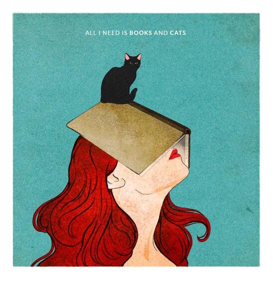 GIULIA ROSA - STAMPA ARTISTICA  30x30 cm: All I need is books and cats