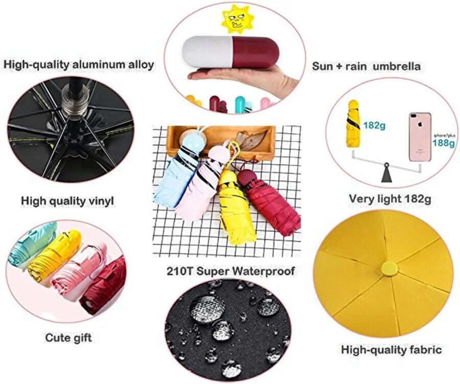 Mini Ombrello Pieghevole con Custodia Colori Assortiti da Viaggio a Capsula