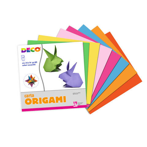 20 FOGLI COLORATI ASSORTITI PER ORIGAMI 80 gr 14X14
