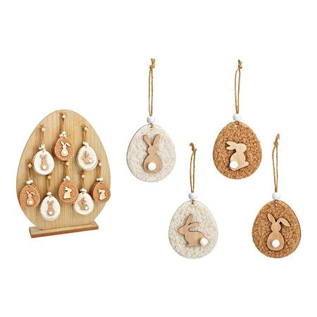 Decorazione con coniglio e uovo sospeso in legno tessuto marrone/bianco
