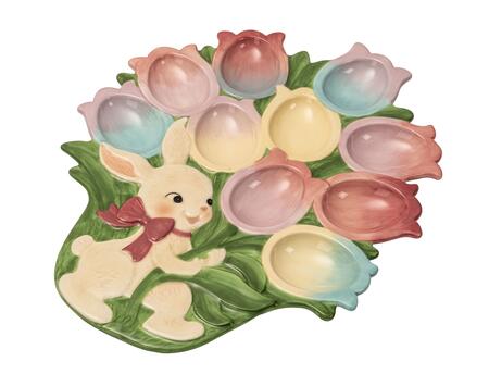 Palais Royal – Piatto Porta Uova Bouquet Tulipano in Ceramica Dipinta a Mano 29x36 cm