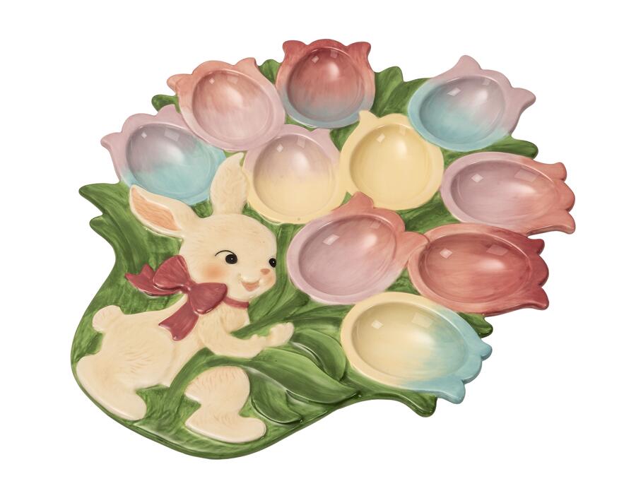 Palais Royal – Piatto Porta Uova Bouquet Tulipano in Ceramica Dipinta a Mano 29x36 cm