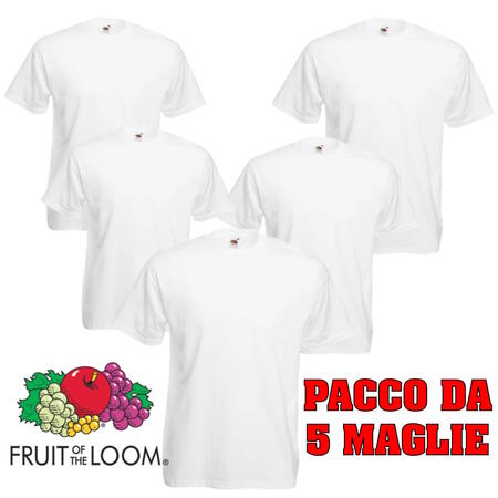 T-shirt Fruit Of The Loom Original T Basic Pacco da 5 Magliette Girocollo Uomo Bianche 100% Cotone Comfort Taglie Small alla 5XL Elegante e Versatile