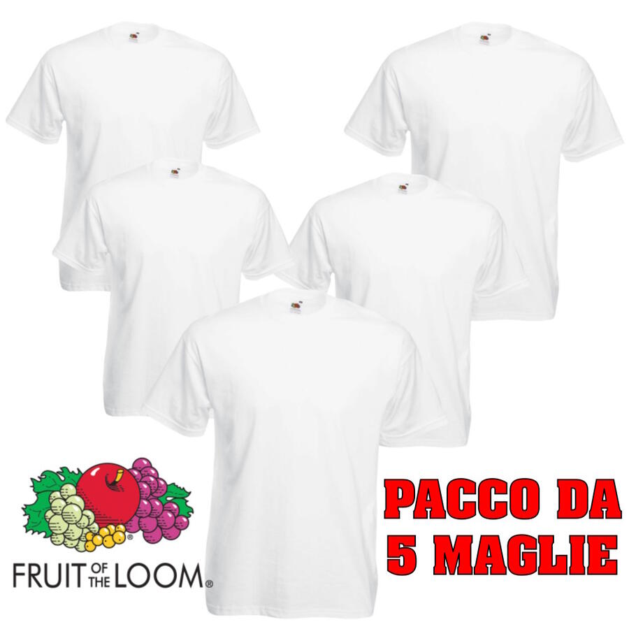 T-shirt Fruit Of The Loom Original T Basic Pacco da 5 Magliette Girocollo Uomo Bianche 100% Cotone Comfort Taglie Small alla 5XL Elegante e Versatile