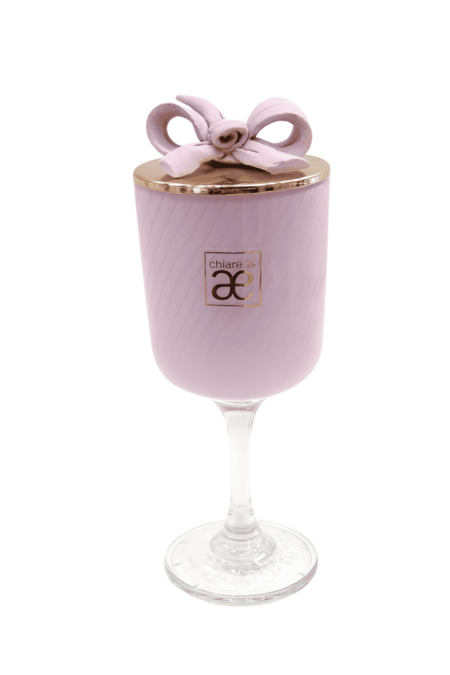 Chiaraela – Candela Decorativa Calice Piccolo in Vetro Colore Malva con Fiocco