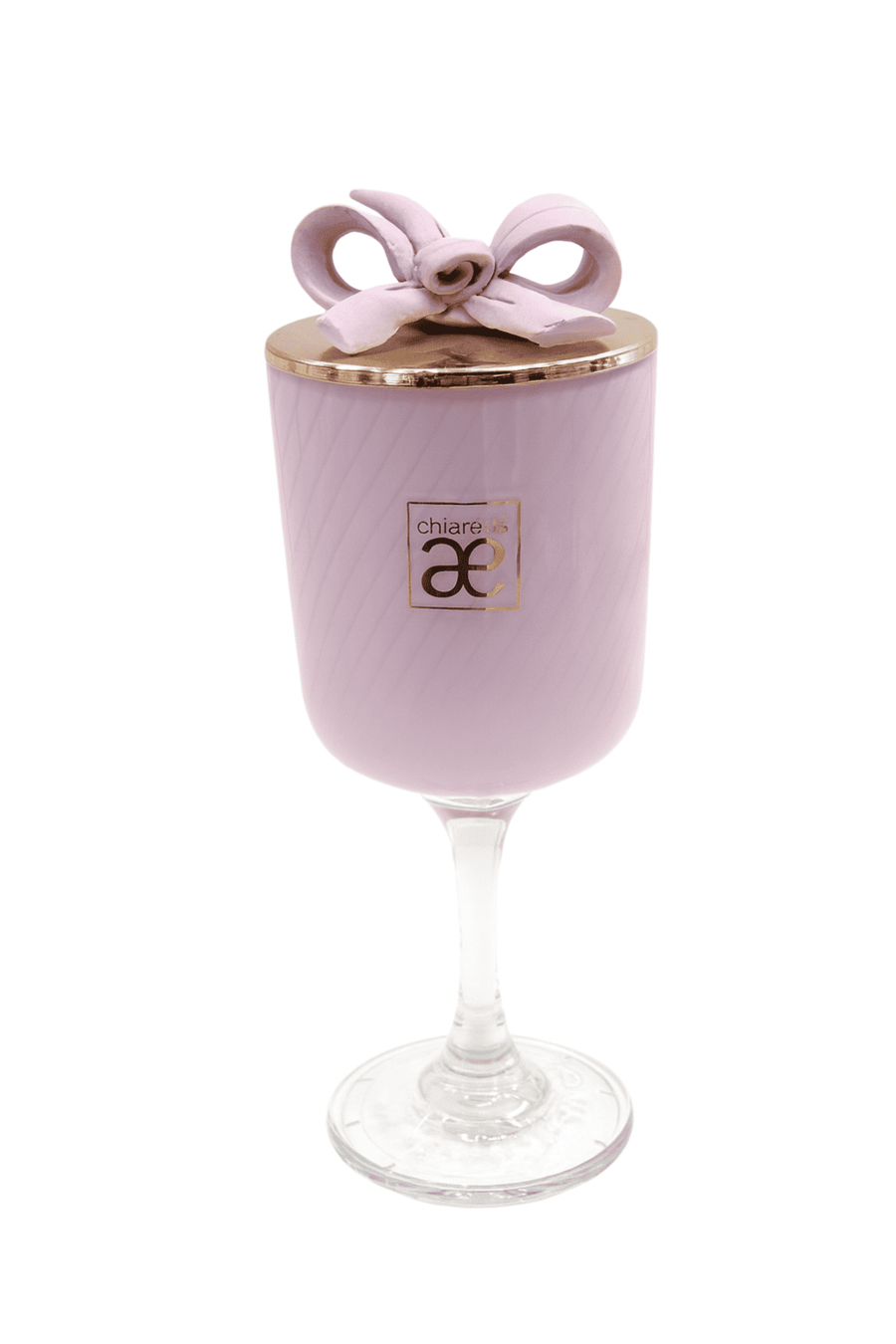 Chiaraela – Candela Decorativa Calice Piccolo in Vetro Colore Malva con Fiocco