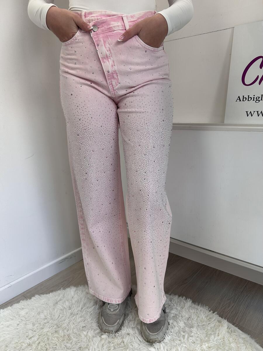 NOVITÀ Jeans rosa wide leg con brillantini e chiusura storta