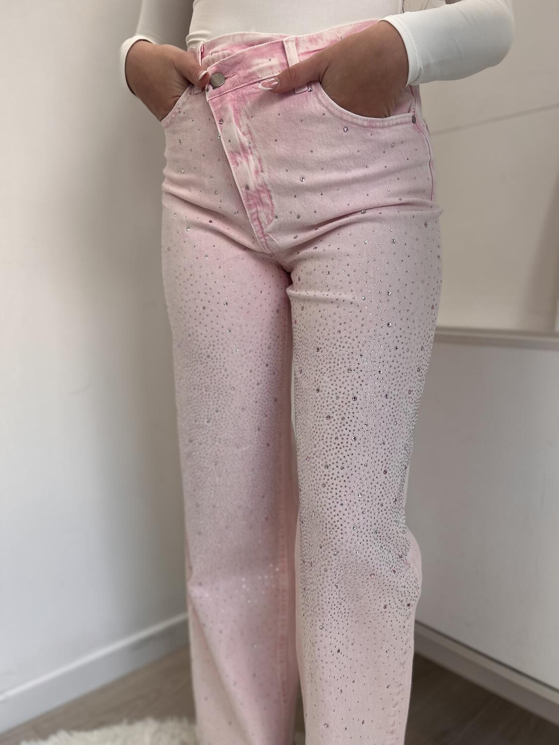 NOVITÀ Jeans rosa wide leg con brillantini e chiusura storta