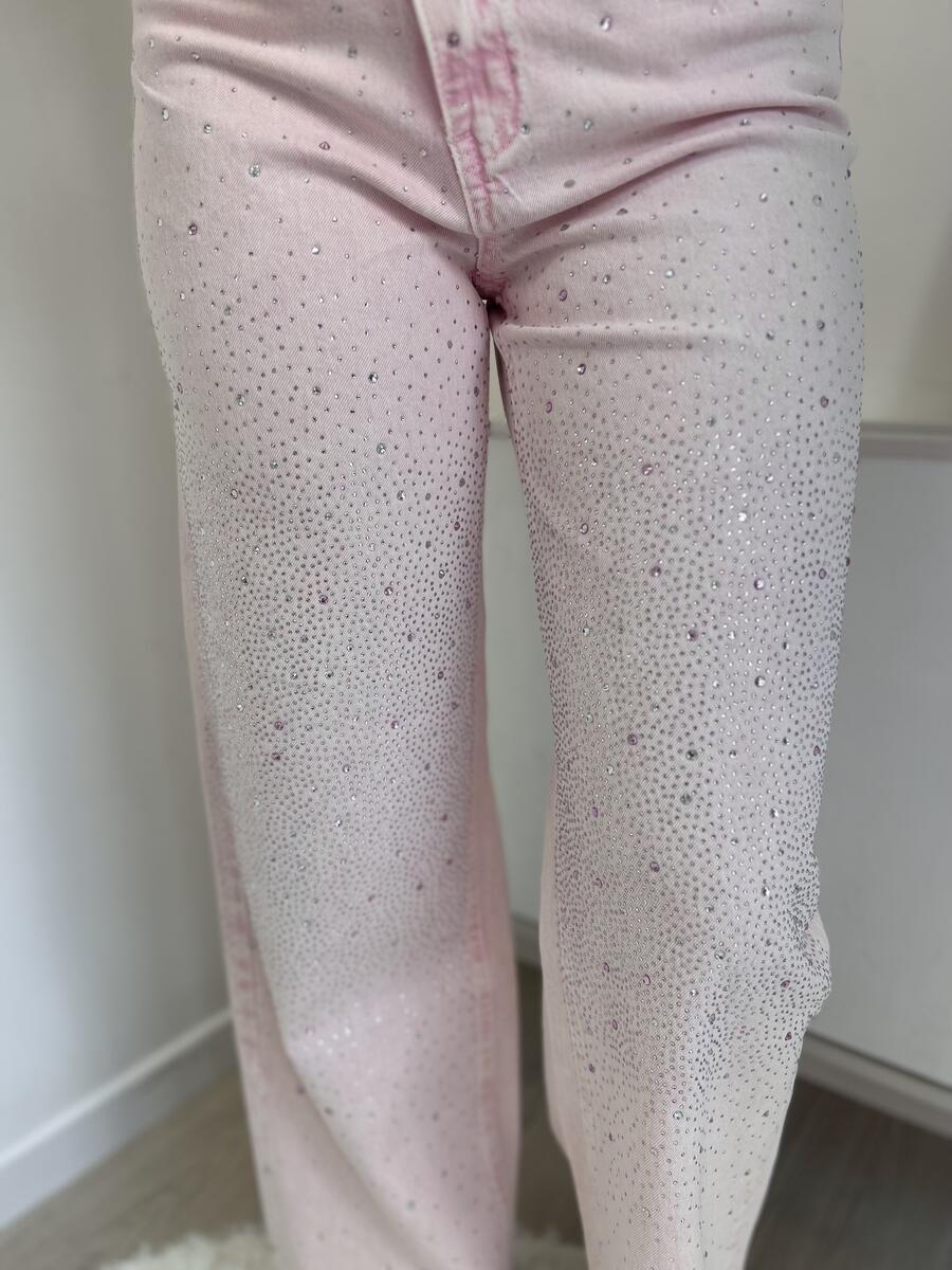 NOVITÀ Jeans rosa wide leg con brillantini e chiusura storta