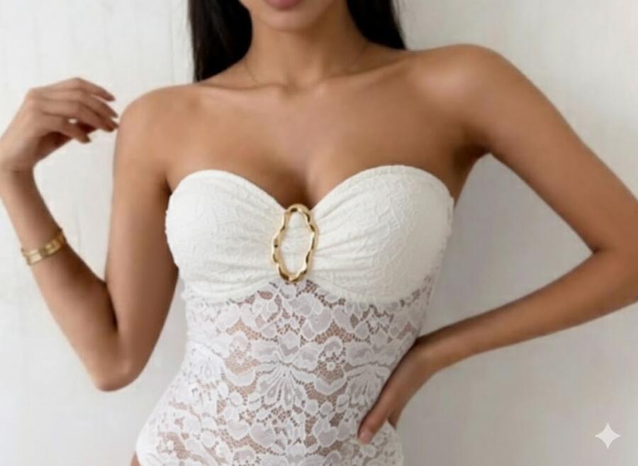 Body/copetto in pizzo a fascia con inserto in oro disponibile bianco e nero taglia unica