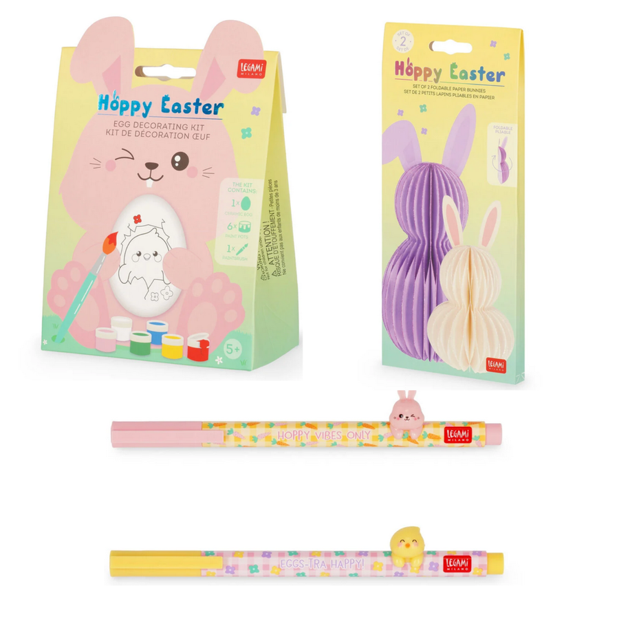 Set di 2 Penne Hoppy Easter + Kit Decorazione Uovo + 2 Coniglietti Pasquali