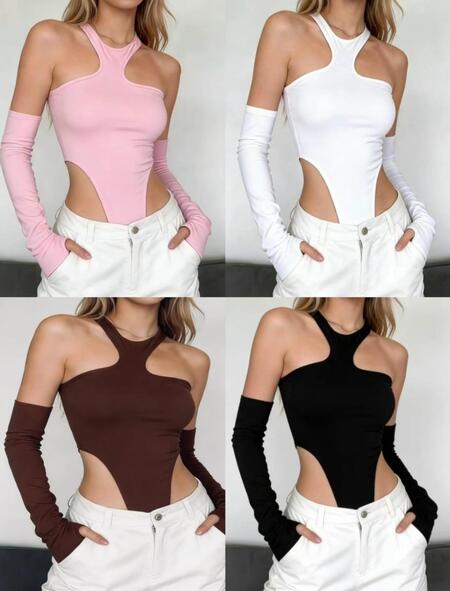 Body cut-out in lycra con manicotti vari colori taglia unica