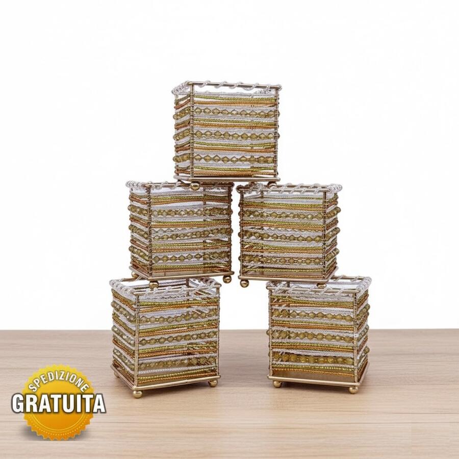 Contenitori Etnici Artigianali – Metallo Dorato e Perline Multicolore Set da 4 pezzi