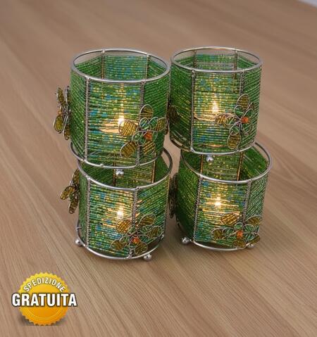 Set 4 Porta Candele "Green & Floral" – Lanterne Artigianali in Filo di Ferro e Perline