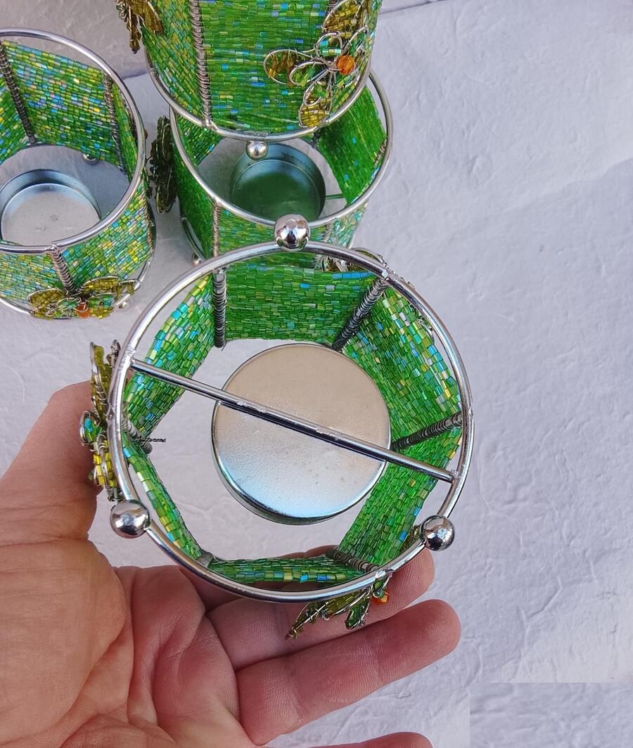 Set 4 Porta Candele "Green & Floral" – Lanterne Artigianali in Filo di Ferro e Perline