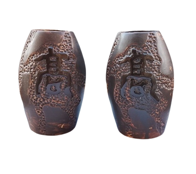 Coppia Vasi Decorativi in Ceramica Orientale - Texture e Ideogrammi Zen