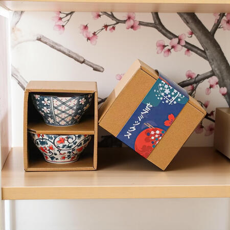 Ceramica Style Giapponese n. 2 ciotole diam.cm.12 h cm.7 disegni blu e rossi