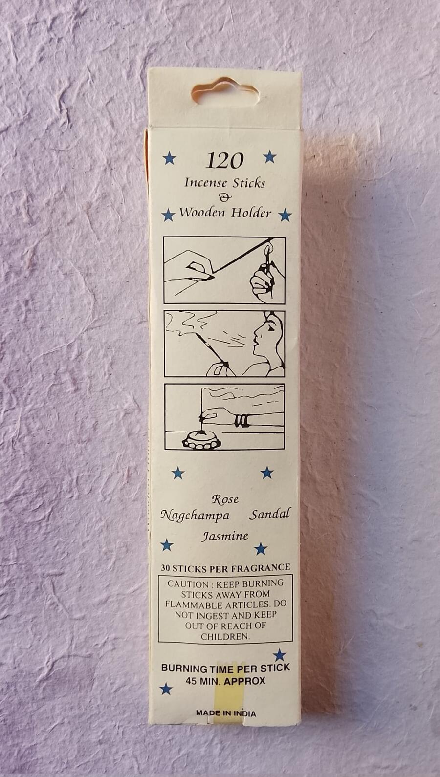 Conf. 120 Incensi con Porta Incenso – 4 Fragranze (Rose, Sandalo, Jasmine, Nag Champa)