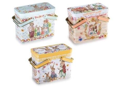 Scatola alimentare in metallo con manici e stampa pasquale