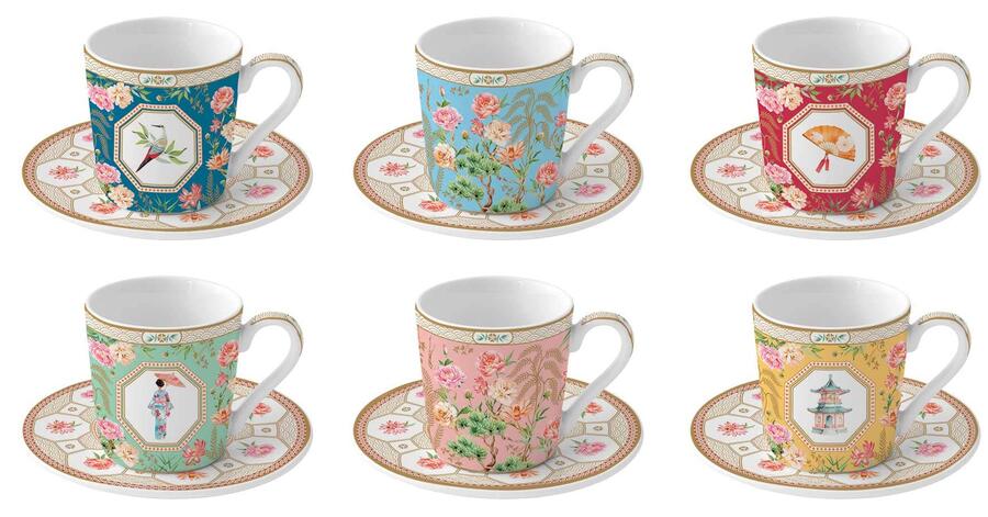Easy Life - Set 6 Tazzine da Espresso con Piattini Jardins d’Orient 100 ml – Porcellana Decorata