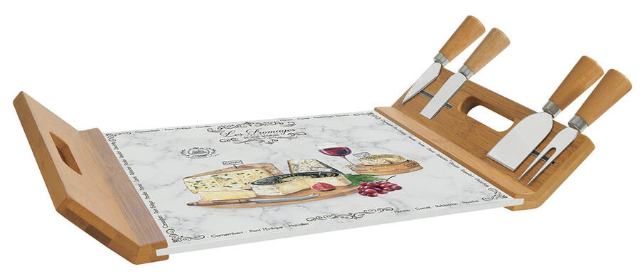 Easy Life – Vassoio servi‑formaggio in bamboo con base in vetro e 4 coltelli “Les Fromages” 