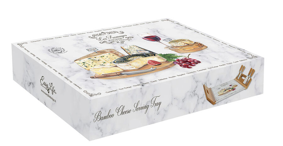 Easy Life – Vassoio servi‑formaggio in bamboo con base in vetro e 4 coltelli “Les Fromages” 