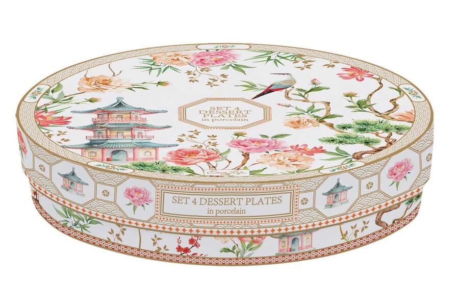 Easy Life – Set 4 piatti dessert in porcellana “Jardins d’Orient” Ø19 cm, assortiti con scatola regalo