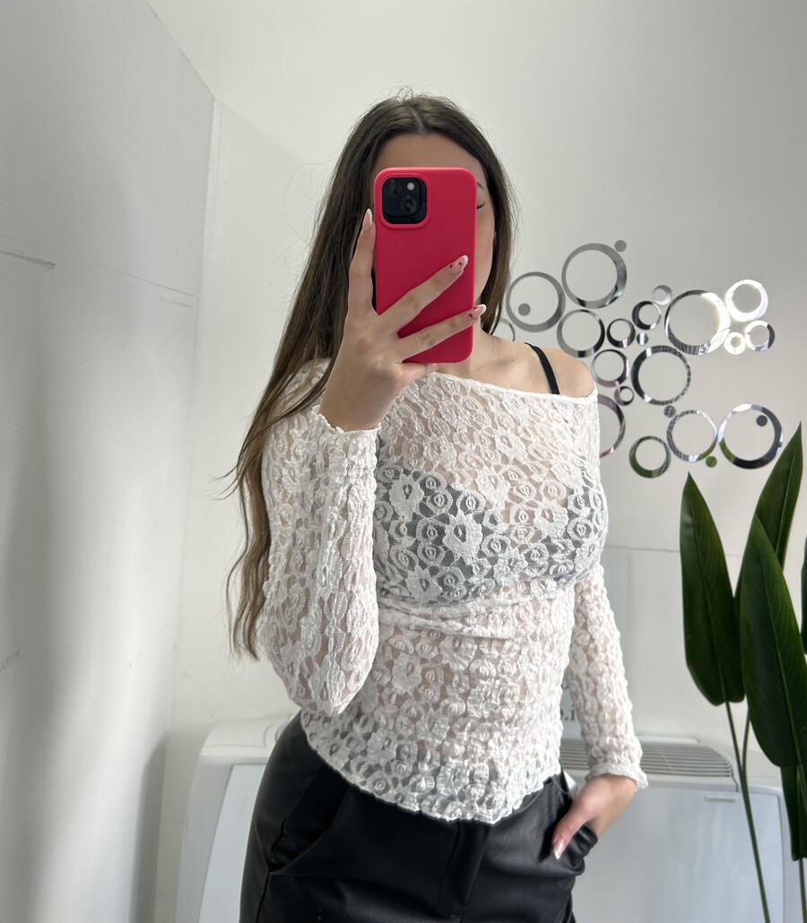 NOVITÀ Maglia trasparente in pizzo scollo asimmetrico