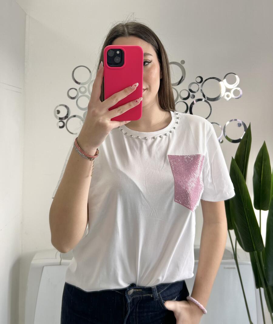NOVITÀ T-shirt in cotone tasca brillantinata